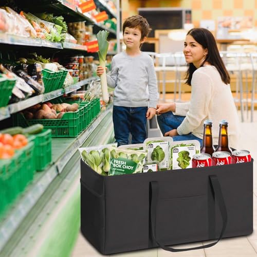 LHZK Standing Extra Large Utility Tote Bag with Metal Wire Frame and the Sides Rinforced, Extra Large Tote Bag with Handle, Reusable Grocery Bags Foldable, Beach Bag, Car Tote (Black, 26''x15''x13'') - color: Black, size: 26''x15''x13''-1 Pack