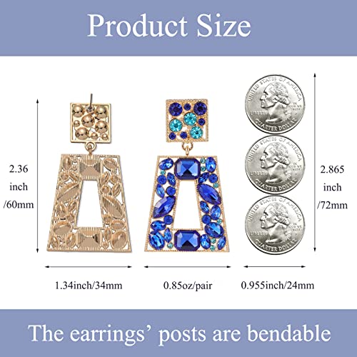 Rhinestone Rectangle Statement Earrings Colorful Crystal Geometric Drop Dangle Earrings for Women Prom Party - color: royal blue