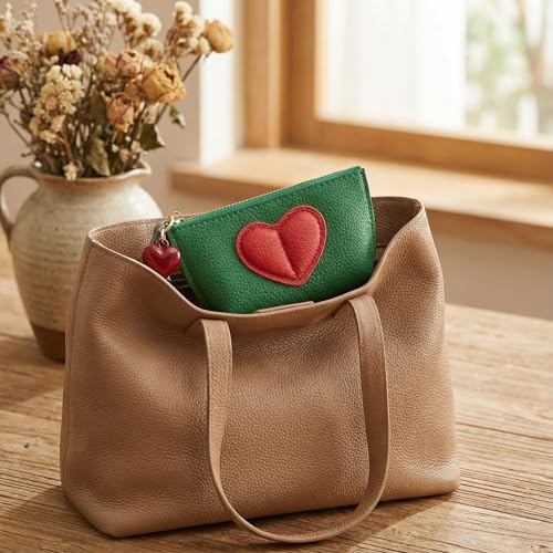 Red Heart Design Small Coin Purse - Cute Compact Keychain Change Purse Soft Leather Wallet with Zipper for Women (Green) - color: Green