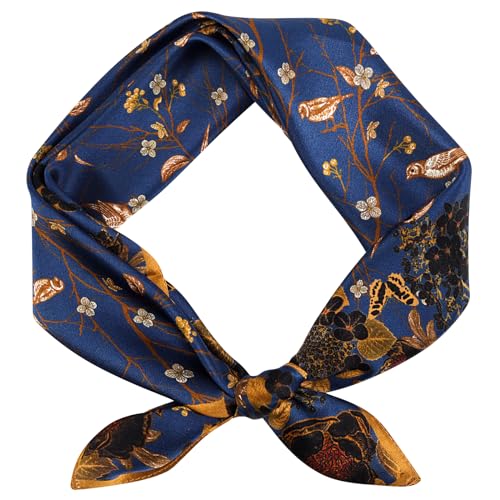 Stlvoll 100% Silk Head Scarf for Women - 27" Hair Scarves Satin Bandanas Square for Night Sleeping with Gift Packed - color: Navy Blue/Red/Bird