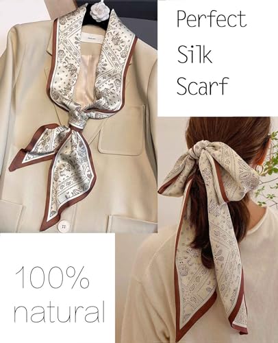 kcctoo 59" Mulberry Silk Like Head Scarf Women's Fashion Square Neck Satin Scarfs for Bag Hair Scarves Gift 59 * 5.9” - color: A009-brown Cashew Flower/59"x5.9"