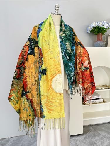 VENVSBEE Reversible Scarf Soft Large Shawl Wrap Blanket Double Sided Art Print Warm Pashmina Stoles Klimt Van Gogh Gifts - color: Art 15