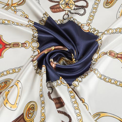 RIIQIICHY Head Scarf for Women Like Silk Scarf Hair Scarf Printed Square Scarf Bandanas for Women 35 Inches - color: Navy/Gold