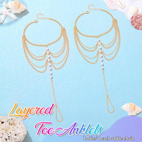 Nicute 2PCS Pearls Barefoot Sandal Anklets Gold Layered Toe Ankle Bracelets Summer Beach Foot Accessories for Women