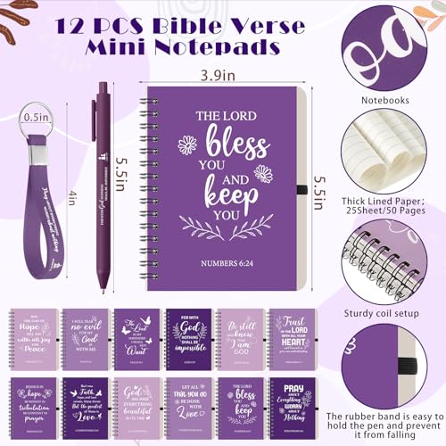 Skylety 12 Set/ 48 Pcs Christian Gifts for Women Men Religious Gift Set 16 oz Bible Scripture Cups with Lids Mini Spiral Notebooks Pens Keychains for Mother Father Birthday(Purple Gradient) - color: Purple Gradient