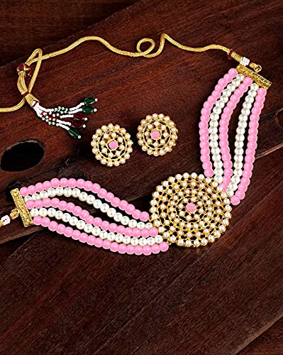 Aheli Pearl Diamond Choker Necklace & Round Earrings Gift for Women Indian Traditional Bollywood Fashion Bharatanatyam jewellery set - color: Pink & White