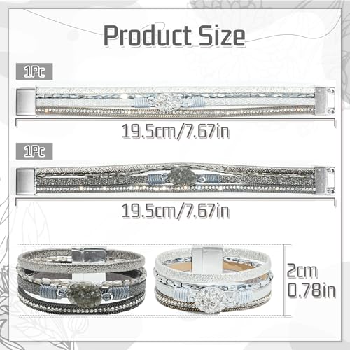 2Pcs Boho Bracelets Woven Leather Multi-Layer Wrap Crystal Bead Bracelet Inlaid Rhinestone Stackable Fashion Women Bracelet Jewelry (Gray + Silver)