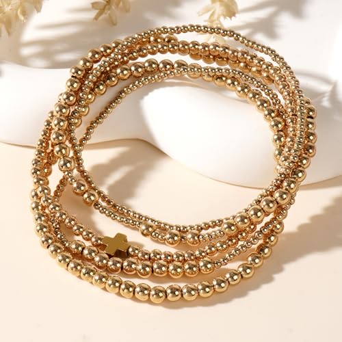 14K Gold Plated Beaded Bracelets Stack Set for Women,Stretch Boho Colorful Beads Ball Jewelry Friendship Summer Trendy - color: Gold