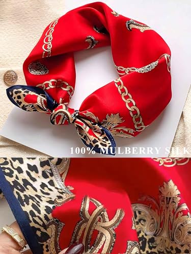100% Mulberry Silk Scarf for Women Hair Lightweight Square Neckerchief Wrap For Head Scarves 21" - color: 12-red Leopard /21"*21"