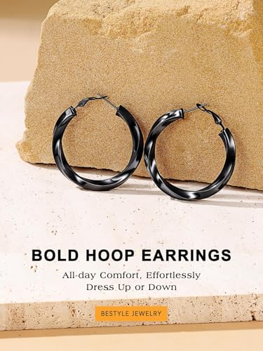 Bestyle 5mm Thick Gold Hoop Earrings Hypoallergenic Hoops for Sensitive Ears Trendy Lightweight Chunky Earrings for Women 30/40/60/80mm - color: 02-Black, size: 40mm