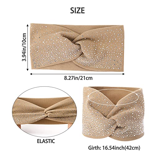 Sparkly Crystal Bling Fancy Headbands with Stretchy Elastic Head Wraps and Turban Scarf for Black Women - 3 Pcs - color: White & Khaki & Black