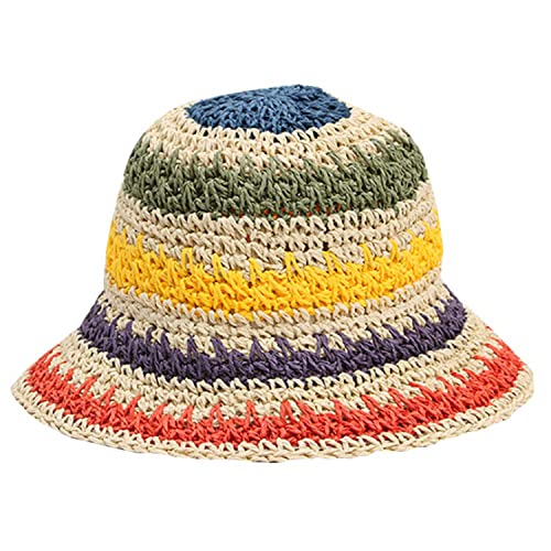 Women Straw Sun Hat Floral Woven Crochet Bucket Hat Y2k Aesthetic Accessories Beach Hat Hand Woven Boho Foldable Cap - color: Striped C