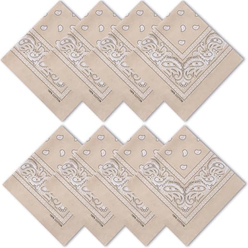 Raylarnia 8 PCS 100% Cotton Bandanas, 22 Inchs Multi-Purpose Bandana Scarfs Headbands for Men and Women - color: 8-tan