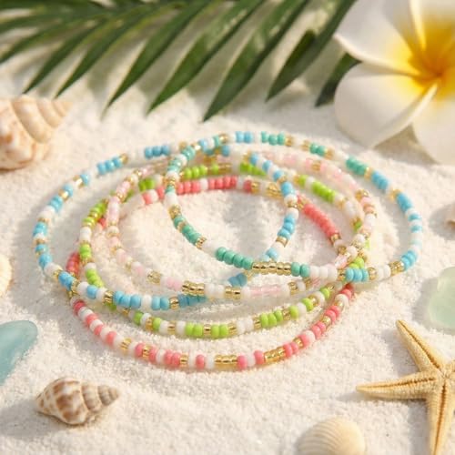 14K Gold Plated Beaded Bracelets Stack Set for Women,Stretch Boho Colorful Beads Ball Jewelry Friendship Summer Trendy - color: Blue