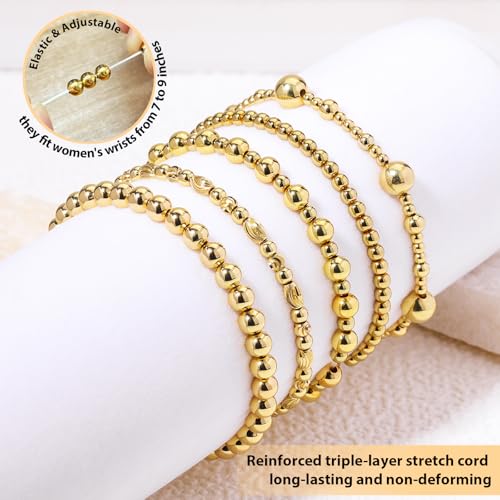 Gold Beaded Bracelets for Women: 14K Gold Bracelets for Women Trendy Dainty Gold Ball Bracelet Stack for Womens - Boho Stretch Bracelets Jewelry Sets with Cross Fashion Accessories Gifts for Women - style: Gold Bead