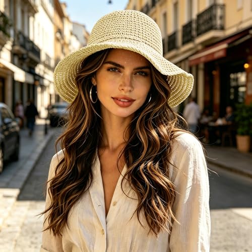Straw Bucket Hat for Women Foldable Summer Beach Sun Hats Wide Brim Crochet Floppy Hat for Vacation Travel Shade & Style - color: Beige-b
