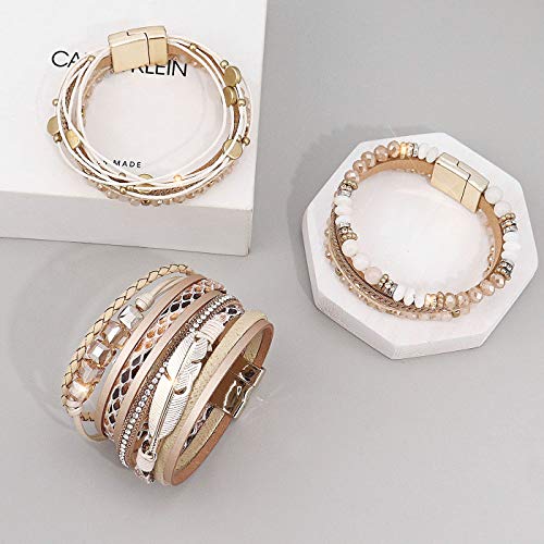 Leather Wrap Bracelet Set 3Pack Wrist Cuff Bracelet for Women Multilayer Magnetic Clasp Bracelet Feather Tree Bead Crystal Bracelet - color: Crystal