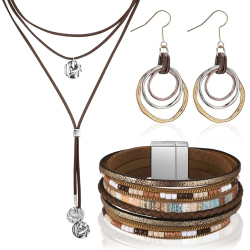 Inbagi 3 Pcs Boho Western Jewelry for Women Turquoise Jewelry Set Vintage Earrings Bracelet Western Bohemian Necklace for Women Cowboy Cowgirls - style: Rustic