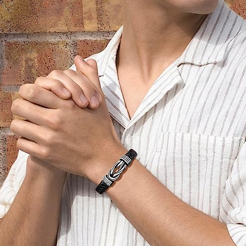 Gift for Men Black Braided Leather Infinity Bracelet for Men Dad Husband Boyfriend Son Grandson Brother Nephew Uncle Forever Linked Together Stainless Steel Engraved with Love You Forever Jewelry 7.5|8.5|9 Inches - color: To My Man-Wherever the journey ta