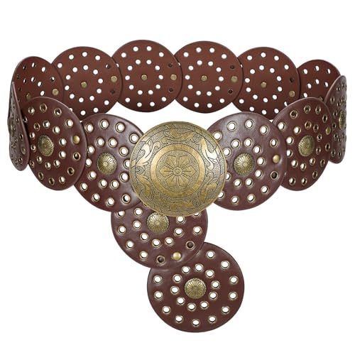 LEACOOLKEY Women's Boho Disc Belt Wide Western Leather Belt Vintage Concho Waist Belts for Dress Jeans - color: A-brown, size: Fits 34"–39" (Waist/Hips), style: Style a