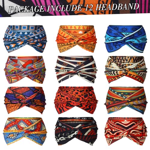 XunYee 12 Pcs Juneteenth Headbands African Boho Print Headbands for Women Yoga Twisted Knot Headwraps - Assorted Wide Elastic Bandeau Hair Accessories for Girls, Running, Sports