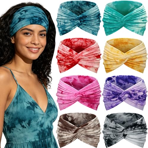 Awumbuk Wide Headbands for Women, 7.08 Inch Thick Boho Turban Style Hair Wraps, Non-Slip Moisture-Wicking Workout Headband for Sports, Yoga, Daily Fashion, 8 Pack Multi Colors (yellow) - color: Tie dye colors