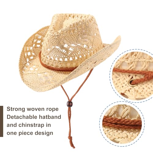 AQOKKA Straw Cowboy Hats for Women Men Western Cowgirl Hats with Shapeable Brim Woven Hollow Out Unisex Beach Roll Up Caps - color: Beige