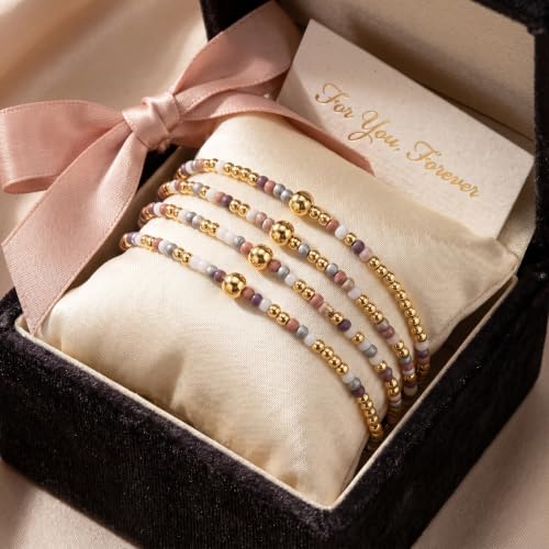 Boho 4Pcs Stack Colorful Small Seed Beaded Bracelets Set for Women, Cute Handmade Dainty Trendy Gold Plated Stretch Accessories Thin Glass Jewelry, Summer Daily Party Friendship Gift - color: Purple Gray