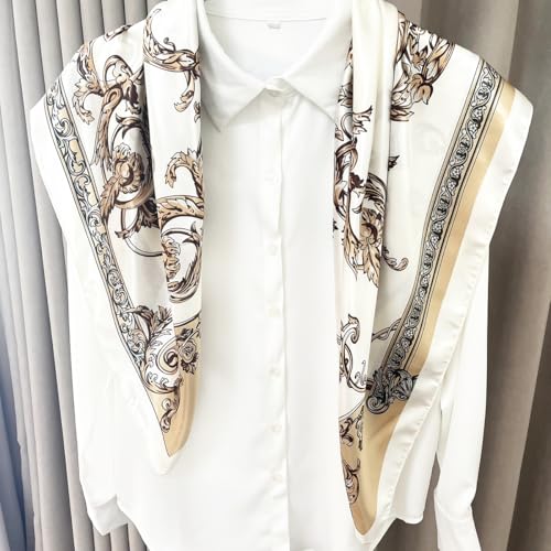 Julunar Silk Like Head Scarf for Women - Satin Large Hair Scarves - 35" Square Silk Hair Wrap for Sleeping with Gift Packed - color: A000-2 Pattern Beige