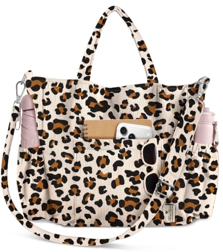 Miss Adola Crossbody Corduroy Tote Bag for Women, Large Tote Bag with Multi-Pockets and Zipper for Travel Work - color: Classic Leopard