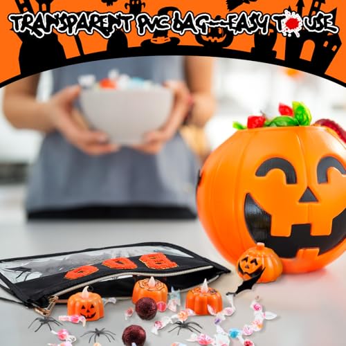 Hillban 2 Pcs Summer Halloween Gifts Chenille Letter Bags Boo Patch Makeup Bag Spooky Pumpkin Flat Clear Pouch PVC Organizer Purse Waterproof Travel Cosmetic Bag Portable Storage Case for Women - style: Boo Theme