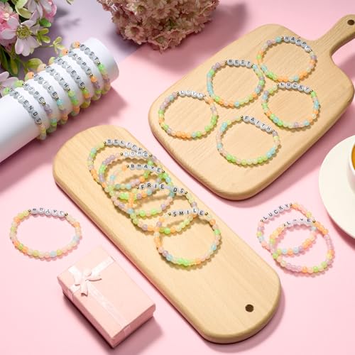 Hoteam 100 Pcs Beaded Friendship Bracelets Bulk Colorful Glow in The Dark Inspired Letter Bracelets Y2k Stretchy Preppy Adjustable Jewelry for Music Lovers Fans Women Party Favor Gifts Sleepover Party