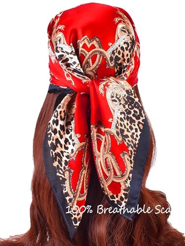 100% Mulberry Silk Scarf for Women Hair Lightweight Square Neckerchief Wrap For Head Scarves 21" - color: 12-red Leopard /21"*21"