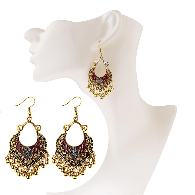 Vintage Boho Statement Drop Dangle Earrings for Women Bohemian Ethnic Handmade Beaded Charms Earring Bohemian Retro Chandelier Tassel Earrings Mexico Gypsy Jewelry Gift - color: Gold-Red