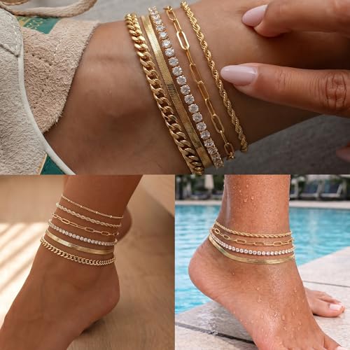 DEARMAY 14K Gold Plated Ankle Bracelets for Women Waterproof - Dainty 6Pcs Anklets Layered Cuban Link Chain Herringbone Cute Anklets Set Pack Summer Beach Jewelry Gift for Women Teen - color: Gold Anklet A