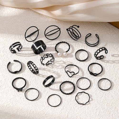 Knuckle Stackable Black Rings for Women Black Stacking Ring Set Vintage Boho Ring Set Butterfly Heart Pearl Rhinestone Stackable Statement Rings for Women - color: 22pcs black