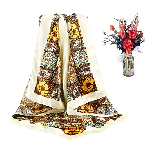 CHLINS 35" Satin Square Hair Scarf Bandanas - 3Pcs Large Silk Head Scarves Lightweight Sleeping Hair Wraps for Women - color: Camel + Black + Beige