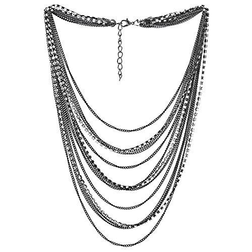 Waterfall Multi-Strand Chains Statement Collar Necklace with Rhinestones Chains, Dress - color: D-Metal Color: Grey & Black