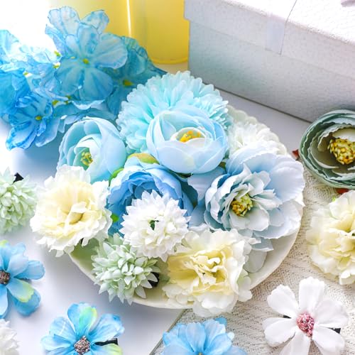BBTO 21 Pcs Flower Hair Clip Rose Hair Clips Barrettes for Women Flower Accessories Boho Bride Claw Clip Hairpin Brooch Pin Headpiece for Wedding (White,Blue) - color: White, Blue