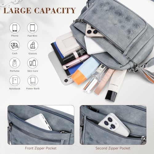 MEITRUE Crossbody Bags for Women, Vegan Leather Crossbody Purse Trendy Multi Pockets Shoulder Handbag with Tassel - color: 08-slate Blue