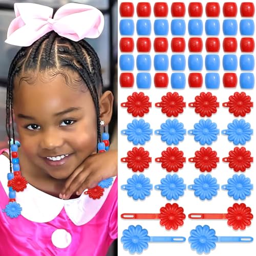 60PCS Hair Beads for Braids Blue Red Flower Self Hinge Hair Clips | 4th of July,Cute Dreadlock Beads, Acrylic Pony Bead,Plastic Hairpin Clips,80s 90s Colorful Hair Accessories - color: Blue&Red