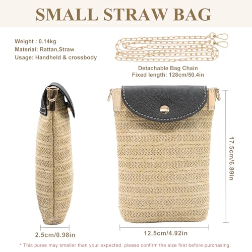 Long Keeper Small Straw Crossbody Phone Purse for Women Mini Faux Straw Summer Crossbody Boho Shoulder Bag for Beach Holiday - color: Black