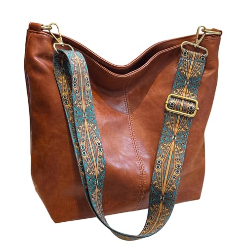 Hobo Bags for Women Crossbody Bag Guitar Strap Purse Vegan Leather Shoulder Handbags Boho Purses Tote Bucket Bag - color: Brown