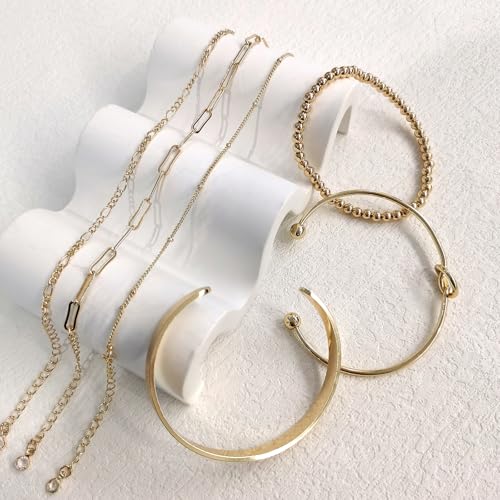 HERIER Gold Bracelets for Women 18k Gold Plated Bracelet Stack Bangle Cuff Bracelet Set for Women Non Tarnish Beaded/Paperclip/Cuban Link Chain Bracelets Jewelry for Women Trendy - style: Bangle Figaro3-Gold