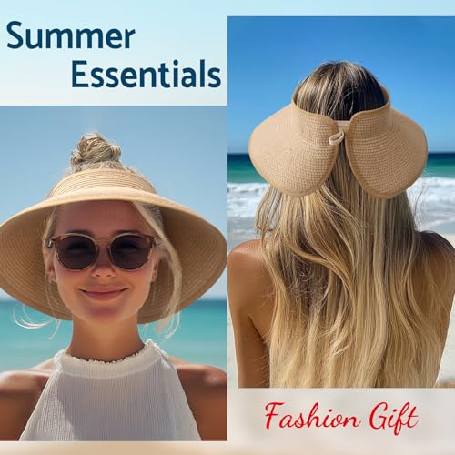 NPJY Sun Hats for Women Wide Brim Roll-Up Beach Ponytail Hat Packable Foldable Travel Straw Visor - color: Black