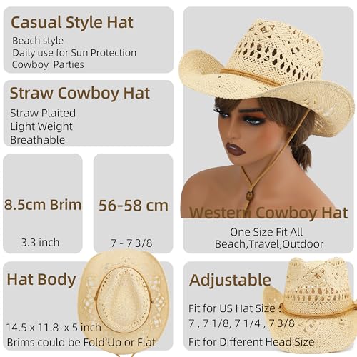 Straw Cowboy Hat for Women and Men with Shapeable Wide Brim Sun Beach Western Cowgirl Hat - color: Beige