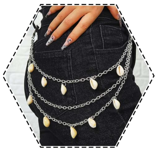 Boho Layered Pant Chains Silver Sea Shell Wallet Chain Summer Beach Jean Chains for Women and Men