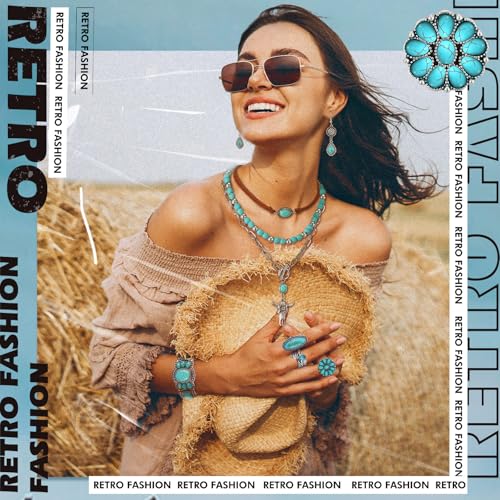 Ecally Bohemian Western Jewelry Turquoise Set Women Country Pendant Long Choker Layered Bracelets Earrings Ring for Women - color: Turquoise, style: Stylish