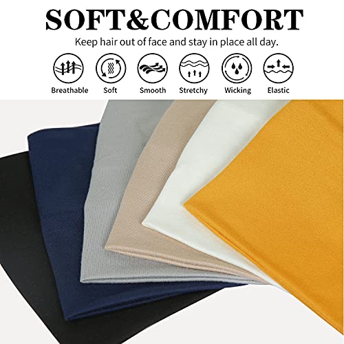 GiLi 6 Pack Wide Headbands for Women Non Slip Soft Elastic Hair Bands Yoga Running Sports Workout Gym Head Wraps, Knotted Cotton Cloth African Turbans Bandana (with 6 Pcs Hair Ties) - color: 6 Color (White+Black+Navy+Yellow+Light Grey+Skin)