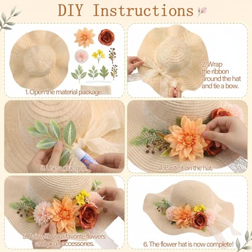 6 Sets DIY Tea Party Straw Hats Kit DIY Straw Hat for Women Blank Sun Hats - style: French Flat Brim